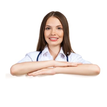 Young attractive female doctor put her hands on the blank banner, place for text