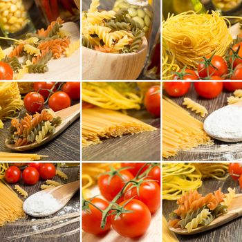 pasta and cherry tomatoes, collage from several images