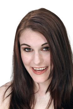 A close-up of a lovely young brunette with a bright, warm smile.  Isolated on a white background.