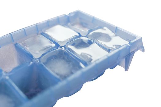 ice cube in blue tray isolated on white