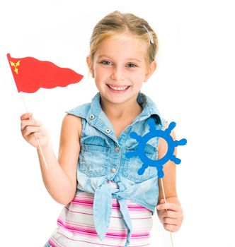 cute little girl with helm and flag