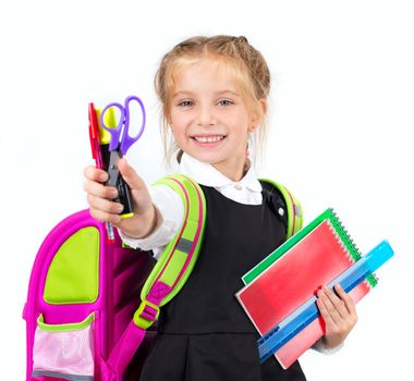 little cute girl with a stationery on white background