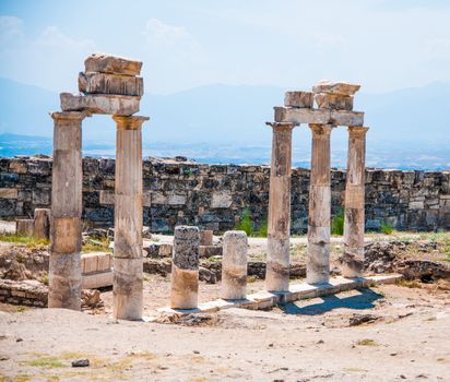 Temple near South Gate in Hierapolis ancient Greco-Roman and Byzantine city. It is located adjacent to Pamukkale