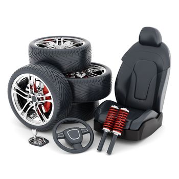 many auto parts on a white background