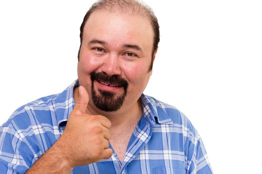 Man making a thumbs up gesture to show his approval or to signal a victory and success isolated on white