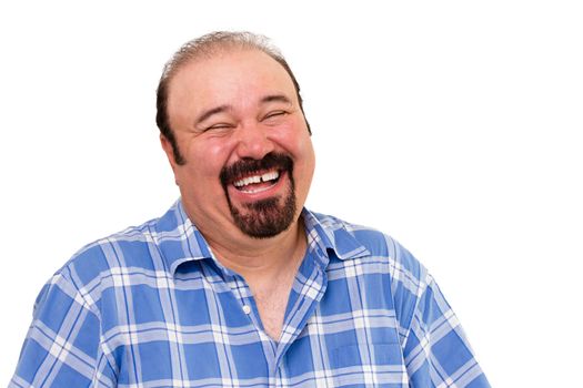 Portrait of a joyful bearded Caucasian man laughing loud, isolated on white background