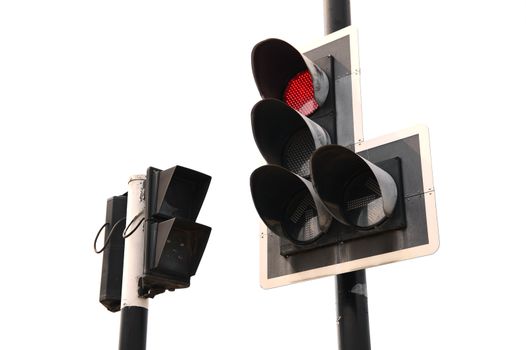Red color on the traffic light isolate on white background