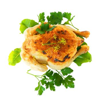 Ham of the hen fried with salad on white background