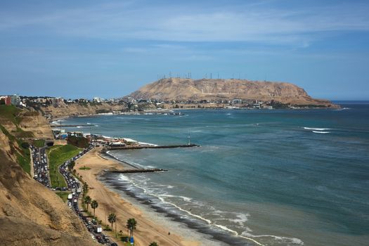 Coastal view of the districts of Barranco and Chorrillos in Lima, Peru