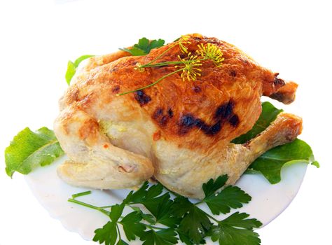 Ham of the hen fried with salad on white background