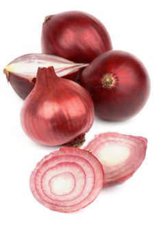 Heap of Raw Red Onion Full Body and Slices isolated on white background