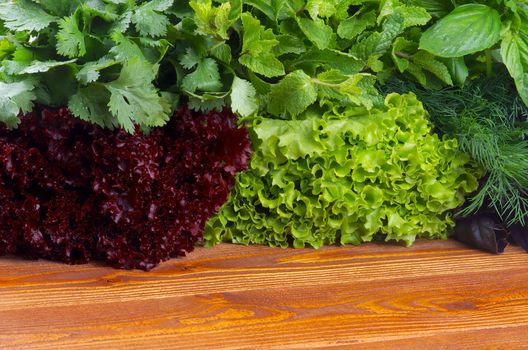 Frame of Various Fresh Greens with Lettuce, Basil, Mint, Dill and Parsley closeup on Wooden background