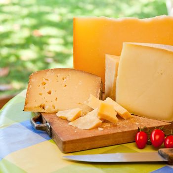 Pecorino sardo cheese slices on wooden board