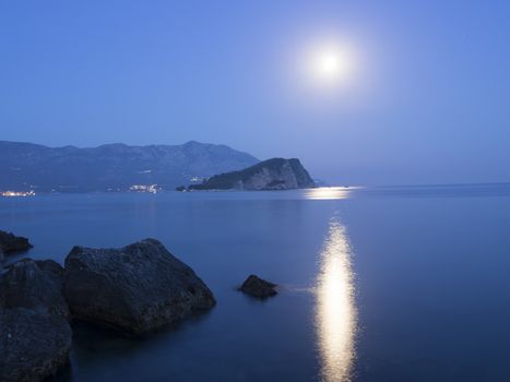 moonlight over St.Nikola island in Budva, Montenegro