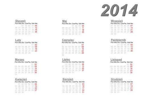 Polish calendar for 2014 on white background