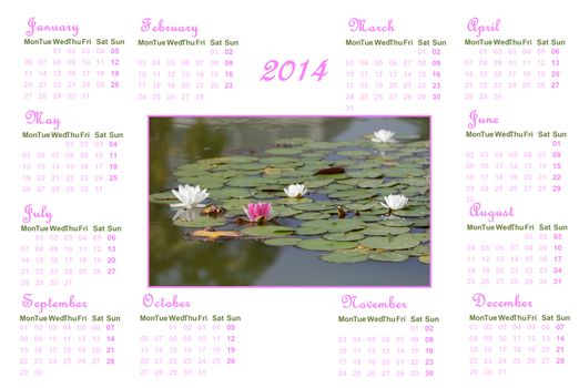 English calendar for 2014 on white background with water lilies and leaves