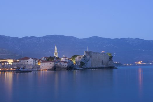 twilight time at the place of Old City of Budva, Montenegro