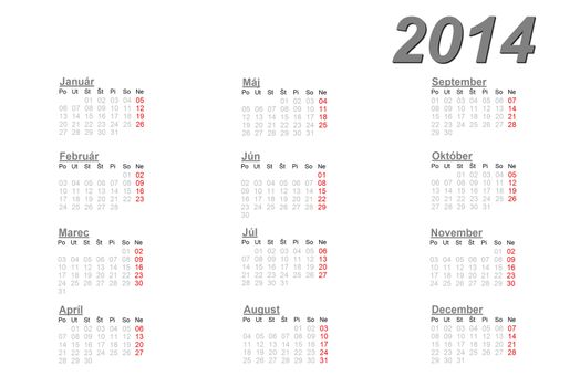Slovak calendar for 2014 on white background
