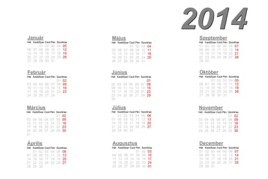 Hungarian calendar for 2014 on white background