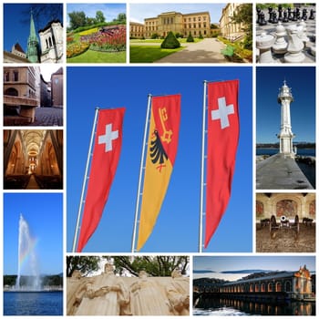Geneva collage with swiss flag, Saint-Peter cathedral, flowers clock, Bastions university, outdoor chessgame, old city, lighthouse, antique canon, water fountain, reformation wall and BFM