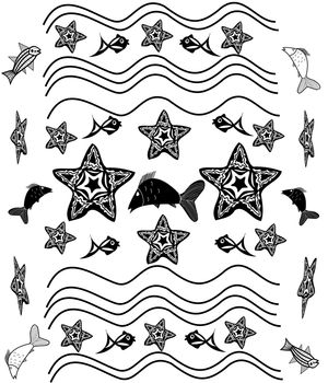 Black and white background with starfish, waves, fish in the style of tattoos