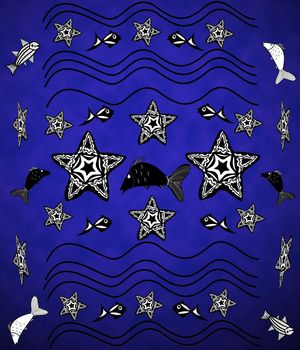 Blue background with starfish, waves, fish in the style of tattoos
