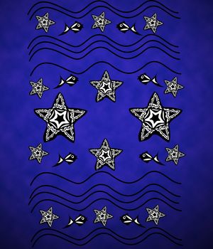 Blue background with starfish, waves, fish in the style of tattoos