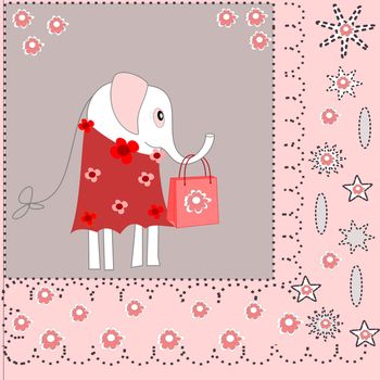 Beautiful background with an elephant in a dress with shopping bags