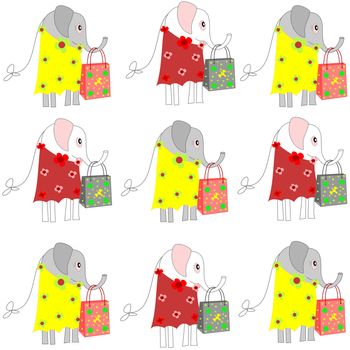 Beautiful background with elephants in dresses with shopping bags