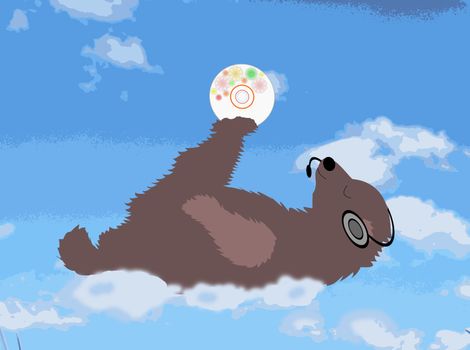 Happy bear is on the cloud with the disk and headphones