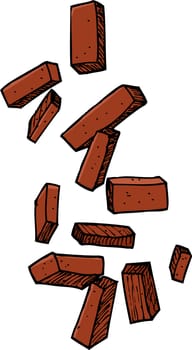 Group of loose bricks falling on white background