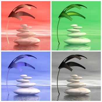 Set of balanced stones upon the ocean and under a covering plant in different color background