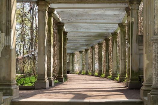 Ancient columns corridor in spring grass. St. Petersburg, Russia, Catherine Park