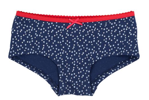 Blue polka dot panties with red trim. Isolate on white.