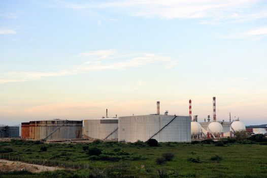 French oil refinery in Fos on sea beside Marseille. Tanks of storage