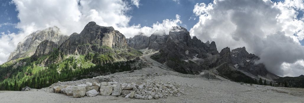 Dolomiti, Val Venegia panorama with views of Mount Mulaz and Pale di San Martino