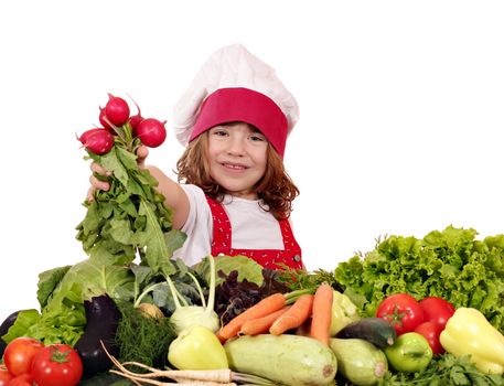 happy little girl cook with radish and vegetables
