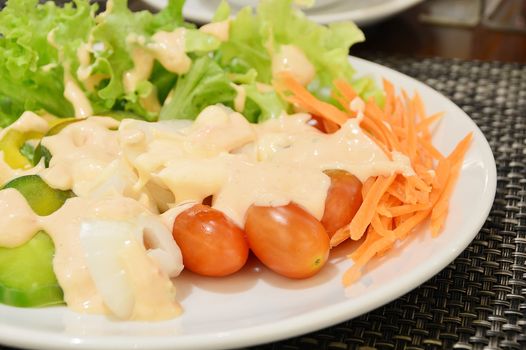 Fresh vegetable salad in white plate topped with thousand island dressing