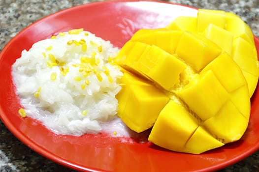 mango with sticky rice and coconut milk, Thai traditinal dessert