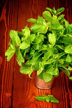 Perfect Raw Fresh Green Mint Leafs in Tin Bucket closeup on Wooden background