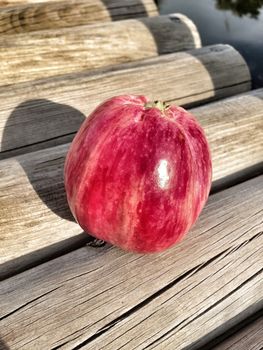 picture of apple lying on a wooden bridge in the garden of the sun osveschenoogo