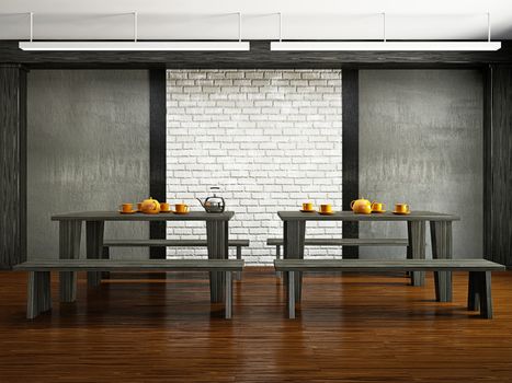 Old bar with wooden tables and benches