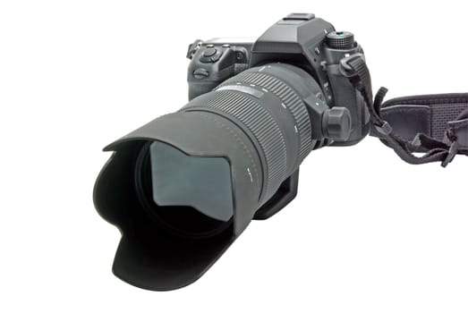 Camera with zoom lens isolated on white