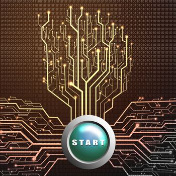 Start button on circuit board in Tree shape, Technology background