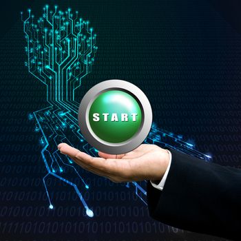 Start button on manager hand, Technology background