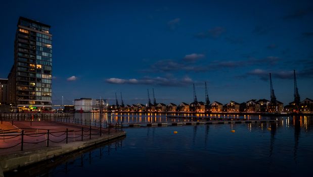 royal Victoria dock in London at dusk