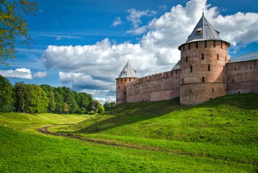 The wall and ditch of Novgorod Kremlin, Russia