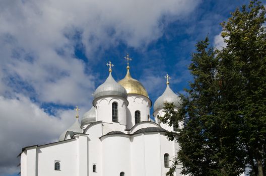 Russian Orthodox church in Novgorod, Russia, with onion domes