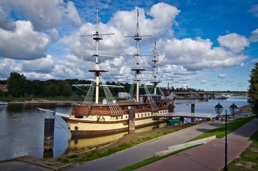 Old ship at the dock on the river Volkhov Russia, Novgorod