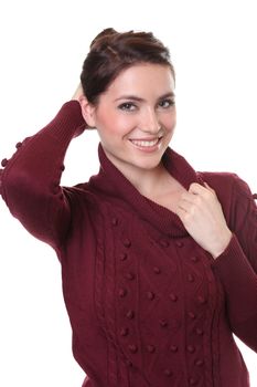 portrait of a beautiful happy woman in a knitted jacket